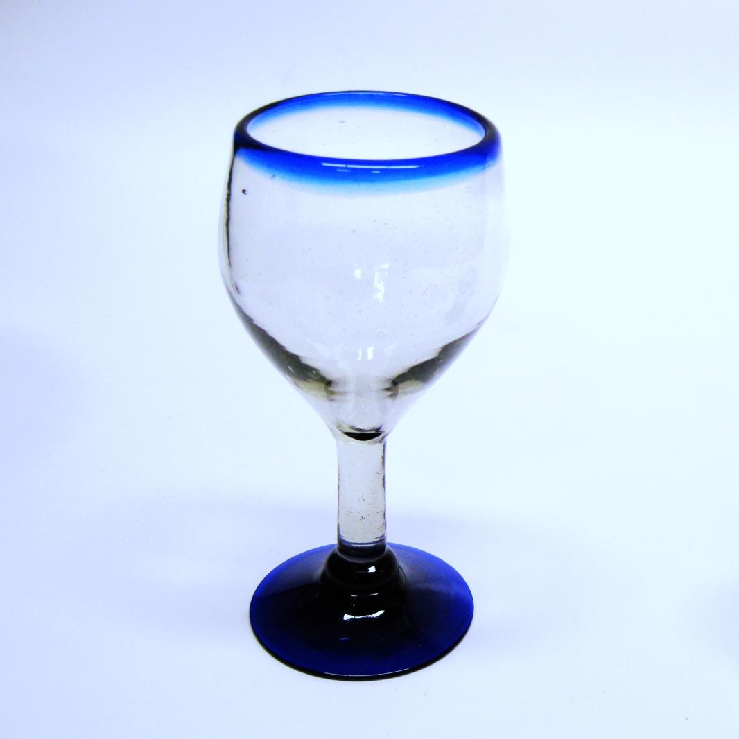 VIDRIO SOPLADO / Juego de 6 copas para vino pequeas con borde azul cobalto / Copas de vino pequeas con un borde azul cobalto. Se pueden utilizar para tomar vino blanco o como copas de vino para cualquier ocasin.